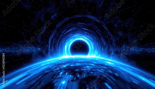 create a digital illustration featuring a blue glowing wormhole in space against an interstellar warp puter generated abstract fractal background