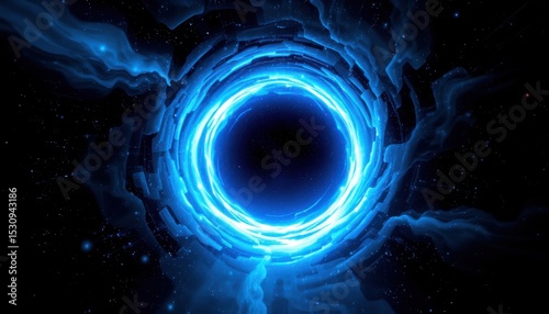 create a digital illustration featuring a blue glowing wormhole in space against an interstellar warp puter generated abstract fractal background