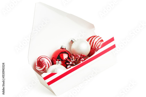 Delicate red and silver ornaments arranged neatly in a bright white box, capturing the spirit of Christmas festivities