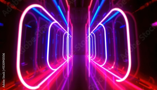 create a vibrant and colorful image featuring abstract symmetrical neon lights, position your subject on the left side of the frame, leaving ample space on the right for copy text