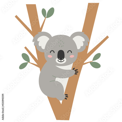 Cartoon koala illustration hugging a tree with leaves, simple shapes, soft colors, on a white background