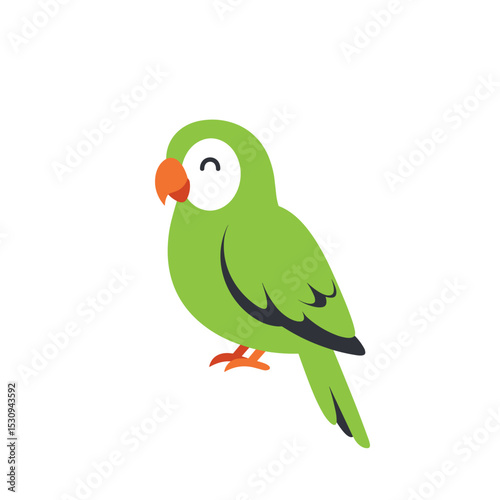 Cheerful illustration of a green parrot with an orange beak and a closed eye on a white background
