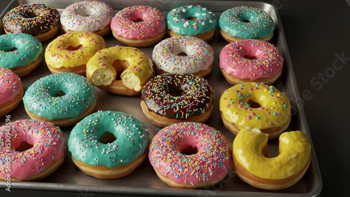Donuts in a Variety of Colors: An array of vibrant and tempting donuts, each adorned with colorful frosting and sprinkles, sits invitingly on a metallic tray.