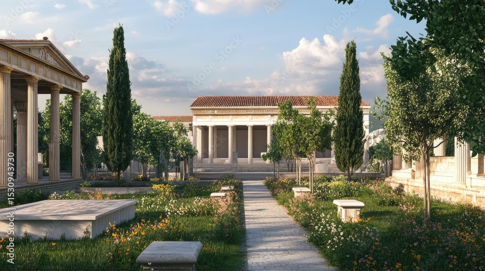 Fototapeta premium Ancient Greek Temple Garden: A Digital Reconstruction