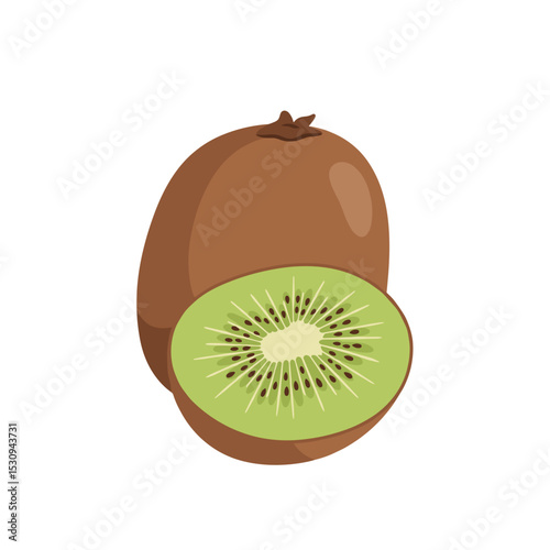 Stylized vector of a whole and sliced kiwi fruit on a white background, centered in frame