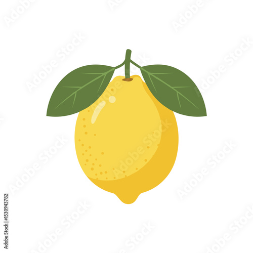 Cartoon lemon with two leaves on a white background, bright and simple illustration
