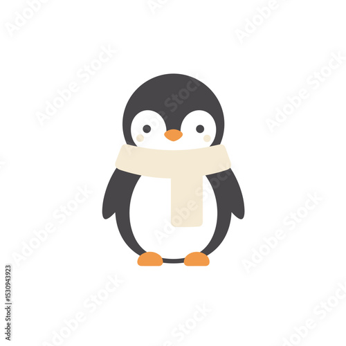 Charming illustration of a stylized penguin wearing a cream-colored scarf