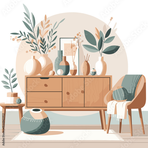 Stylish wooden sideboard with decorative vases and plants in a modern interior design