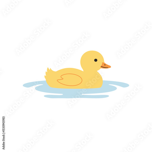 Yellow duckling floats in light blue water on a white background