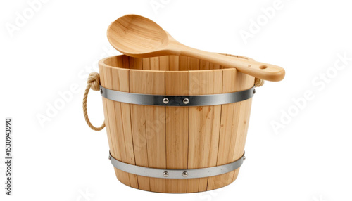 A rustic wooden bucket with metal bands and rope handles, accompanied by a matching wooden ladle.  Perfect for sauna use or rustic décor.