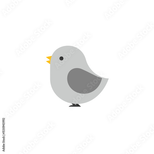 Minimalist gray bird illustration with yellow beak and darker gray wing marking on white background