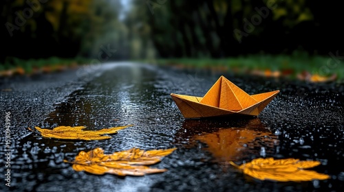 Rainy Day Origami Boat on a Road