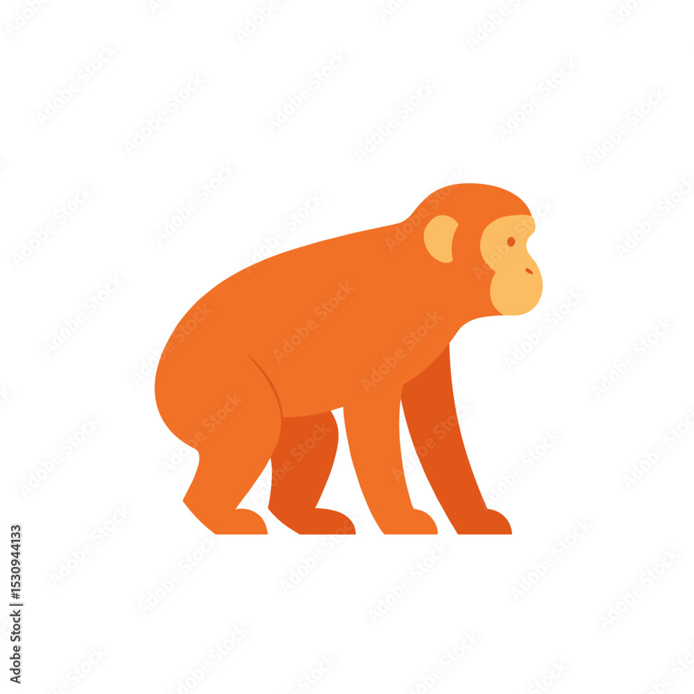 Obraz premium Simplified cartoon orange monkey sitting profile view on solid white background, blocky design
