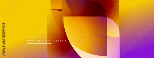 Abstract vibrant design features overlapping shapes, gradients. Yellows, oranges, purples blend creating dynamic visual effect. Modern aesthetic.