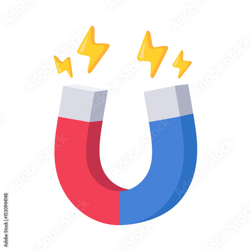 Vibrant illustration of a red and blue horseshoe magnet with yellow lightning bolts, symbolizing attraction and energy.