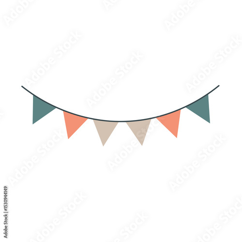 Cute bunting of blue, peach and beige triangle flags on a hanging string on a white backdrop