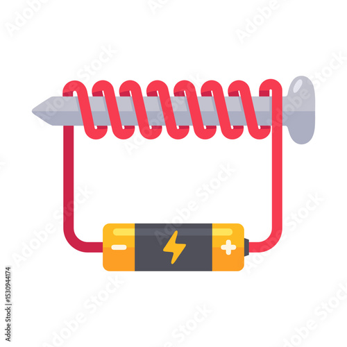 Illustration of a basic electromagnet setup using a battery, nail, and copper wire, showcasing fundamental physics concepts.