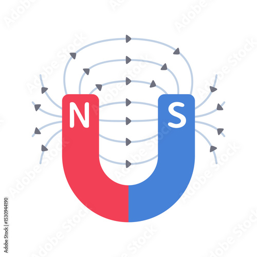Vibrant vector illustration of a horseshoe magnet showing magnetic field lines and labeled poles.