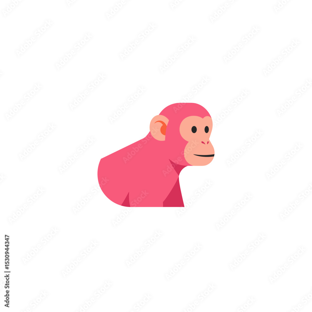 Stylized pink monkey with simplified geometric shapes, looking right on a clean white background
