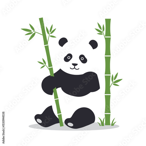 Cute flat design of a panda clinging to bamboo, minimalist and clean on a white background