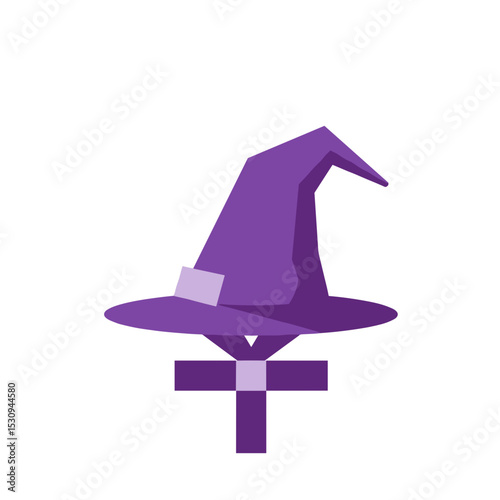 Simplistic purple pointed wizard hat with a brim, flat style, isolated on white
