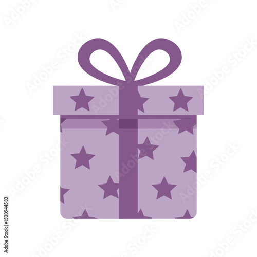 A simple, purple gift box adorned with star shapes and a bow, set against a white backdrop