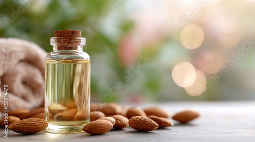Almond Oil in Spa Setting with Cracked and Whole Almonds photo