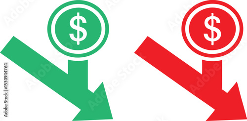 Red and Green Dollar Coin Arrows Pointing Down, Financial Drop Concept
