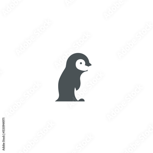Stylized gray penguin with a white eye patch stands against a white background