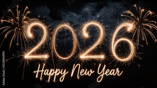 Happy New Year 2026 Celebration with Fireworks and Festive Sparkling Design