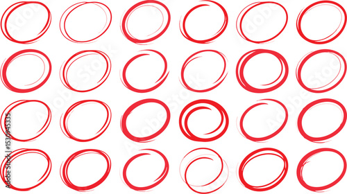 Red Circle Shapes Collection on White Background Hand Drawn Imperfect Circles