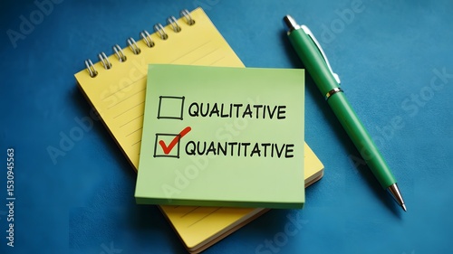 Person selecting between qualitative and quantitative written on sticky notes, symbolizing decision-making in research
