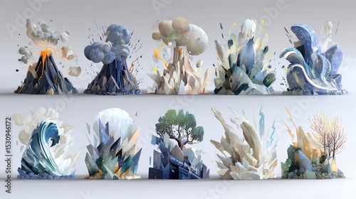 A set of illustrations featuring natural disasters, including catastrophe, cataclysm, flood, avalanche, hurricane, earthquake, and tsunami, has been created with flat colors and is presented on a