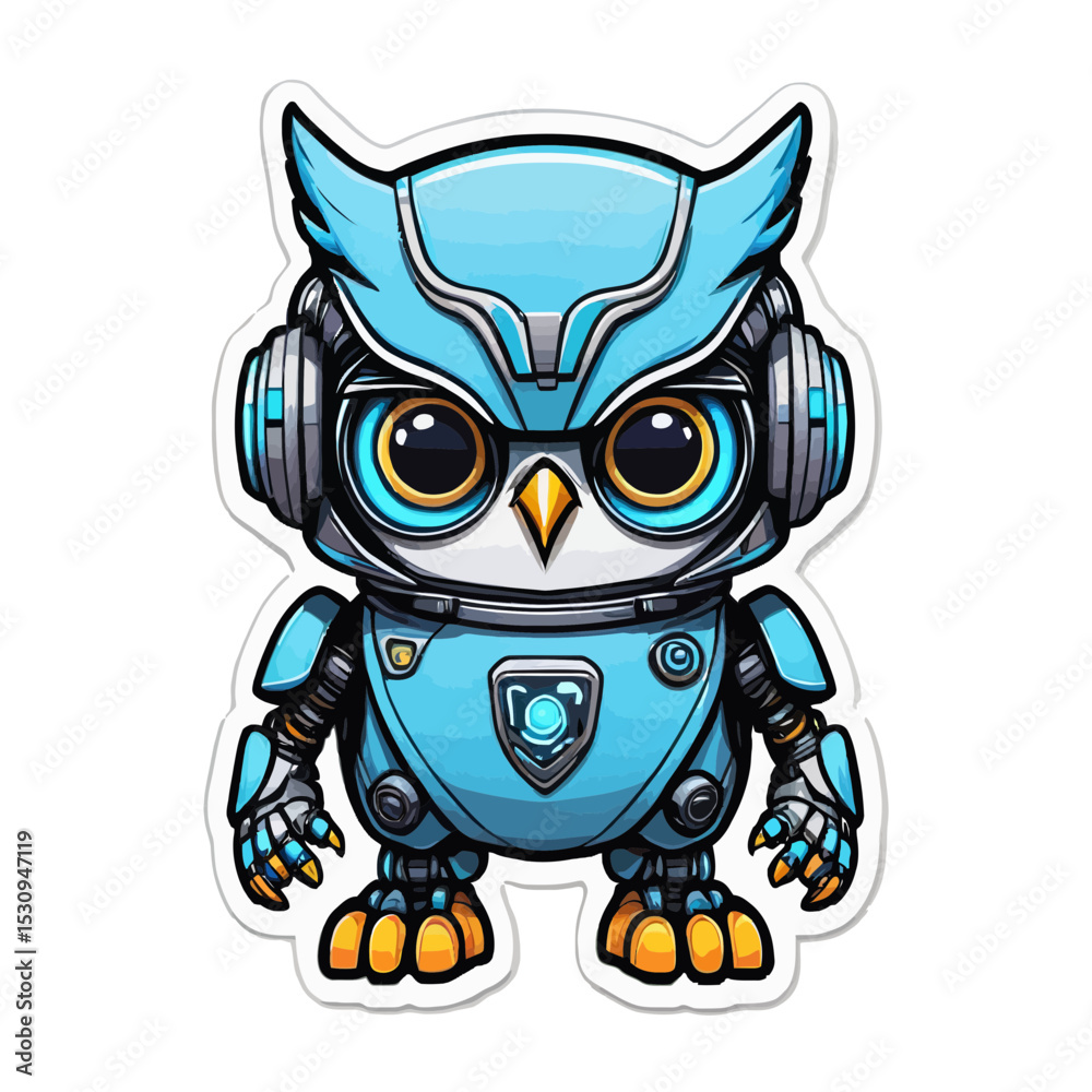 Naklejka premium A high-quality illustration of a futuristic owl robot character designed with blue armor, glowing elements, and mechanical details. This cute and imaginative character design combines animal features 