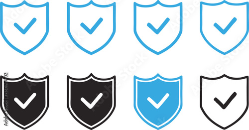 Security shield icons with check mark vector, blue, black symbols on White BG