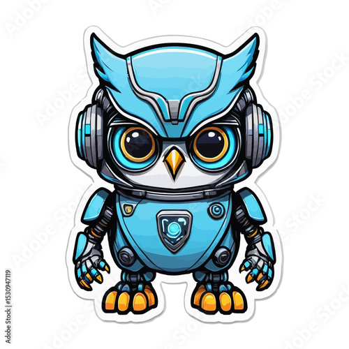 A high-quality illustration of a futuristic owl robot character designed with blue armor, glowing elements, and mechanical details. This cute and imaginative character design combines animal features 