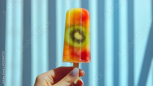 hand holding vibrant fruit popsicle, summer colors with kiwi, orange, and red hues on light blue striped background. 