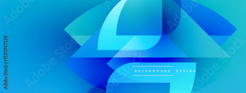 Abstract blue design features layered geometric shapes, creating dynamic visual effect. Gradient colors enhance depth, modern aesthetic.