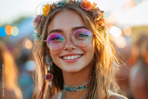 beautiful young woman wear colorful sunglasses, face glitter, flower crown, and boho jewelry in vibrant outdoor event. festival fashion