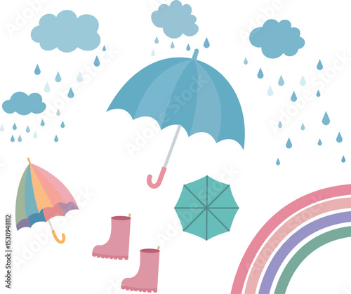 Cute Rainy Weather Vector Set with Umbrellas and Rain Boots