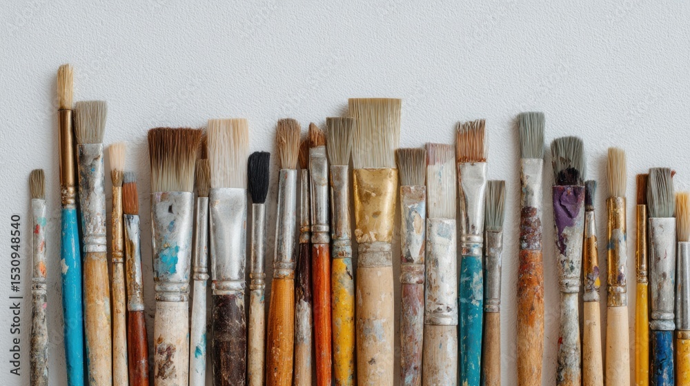 Obraz premium Assortment of used paintbrushes displayed on a textured white surface