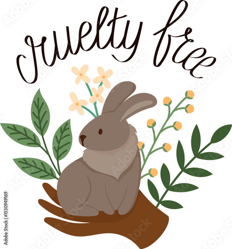 Cruelty-Free Label Illustration. Cute Bunny in Caring Hand with Botanical Leaves and Flowers, Ethical Beauty Logo for Vegan Natural Cosmetics Packaging and Branding