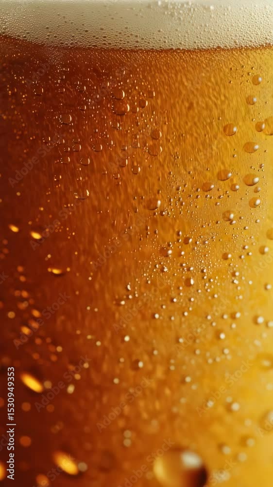 Cold beer in a glass with bubbles rising from bottom.