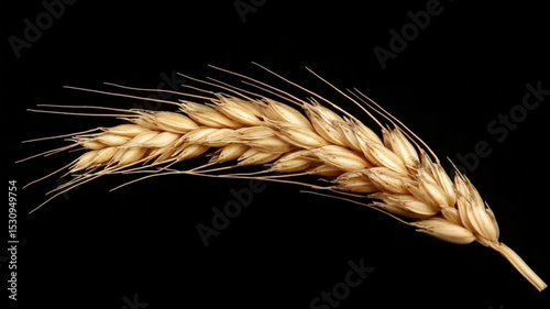 Close-up of a golden wheat ear against a black background showcasing its texture and detail