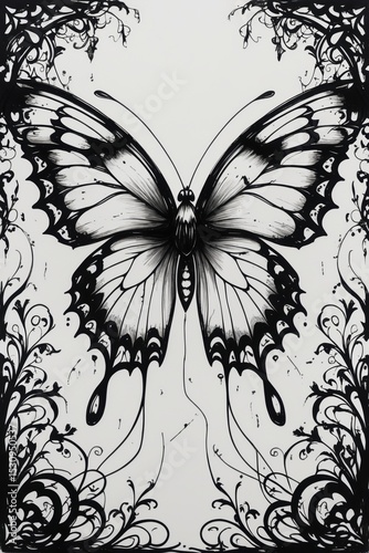 Black Ink Butterfly Tattoo Illustration With Ornate Floral Background