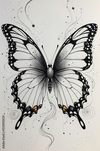 Detailed Black Ink Butterfly Tattoo Illustration