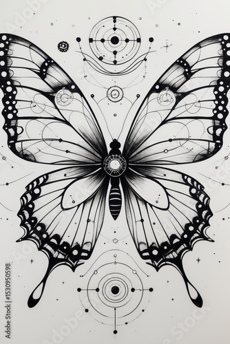 Detailed Black Ink Butterfly Tattoo Illustration With Geometric Patterns