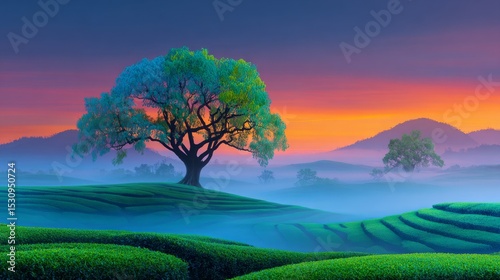 A tea plantation utilizing sustainable agriculture methods is situated amidst rolling hills, surrounded by tea, and is a notable plantation