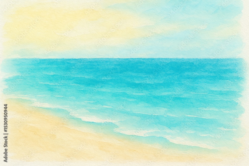 Obraz premium Watercolor painting of a calm ocean and sandy beach. Abstract seascape artwork for relaxation and peace concept. Summer vacation backdrop.