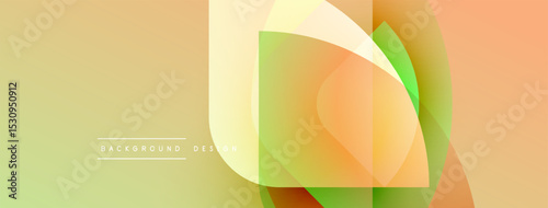 Abstract geometric shapes overlap. Soft yellow, orange, green hues blend smoothly creating modern background design. Minimalist style.